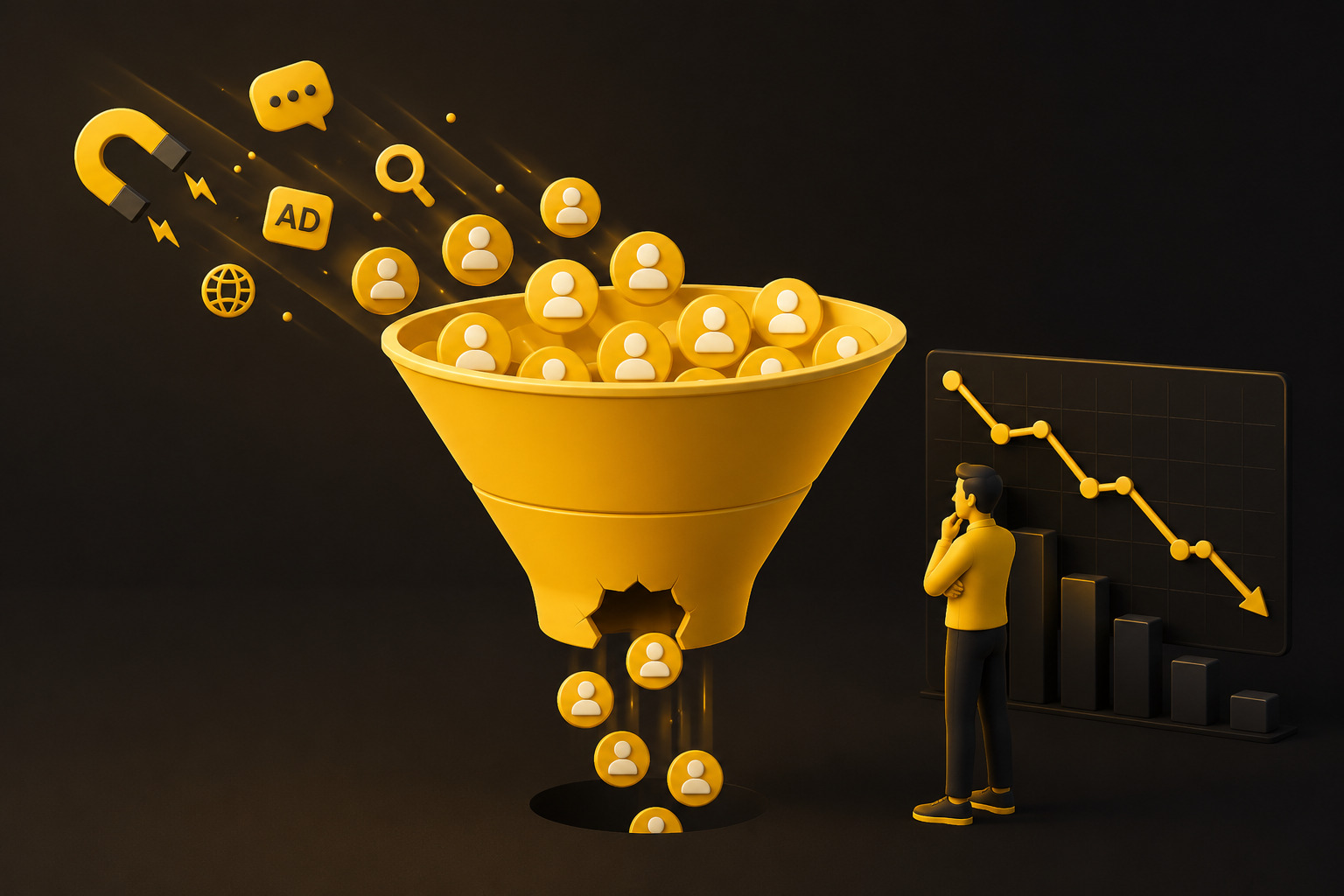 Embudo de ventas roto que representa la pérdida de leads sin convertir en un negocio